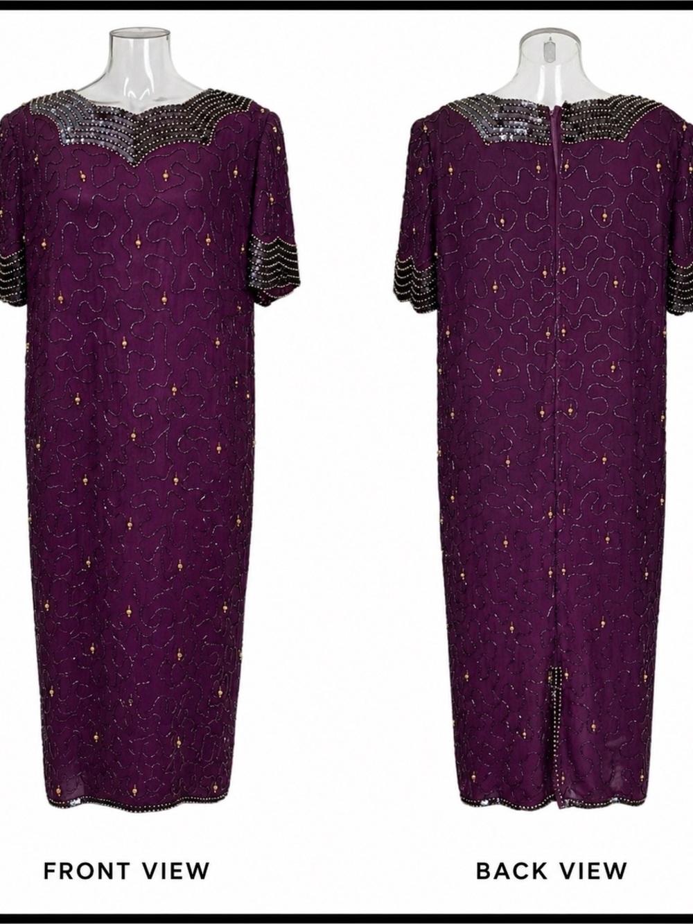 VTG Beaded Drama 100% Silk Hand Beaded Wine Formal Art Deco Dress 80s